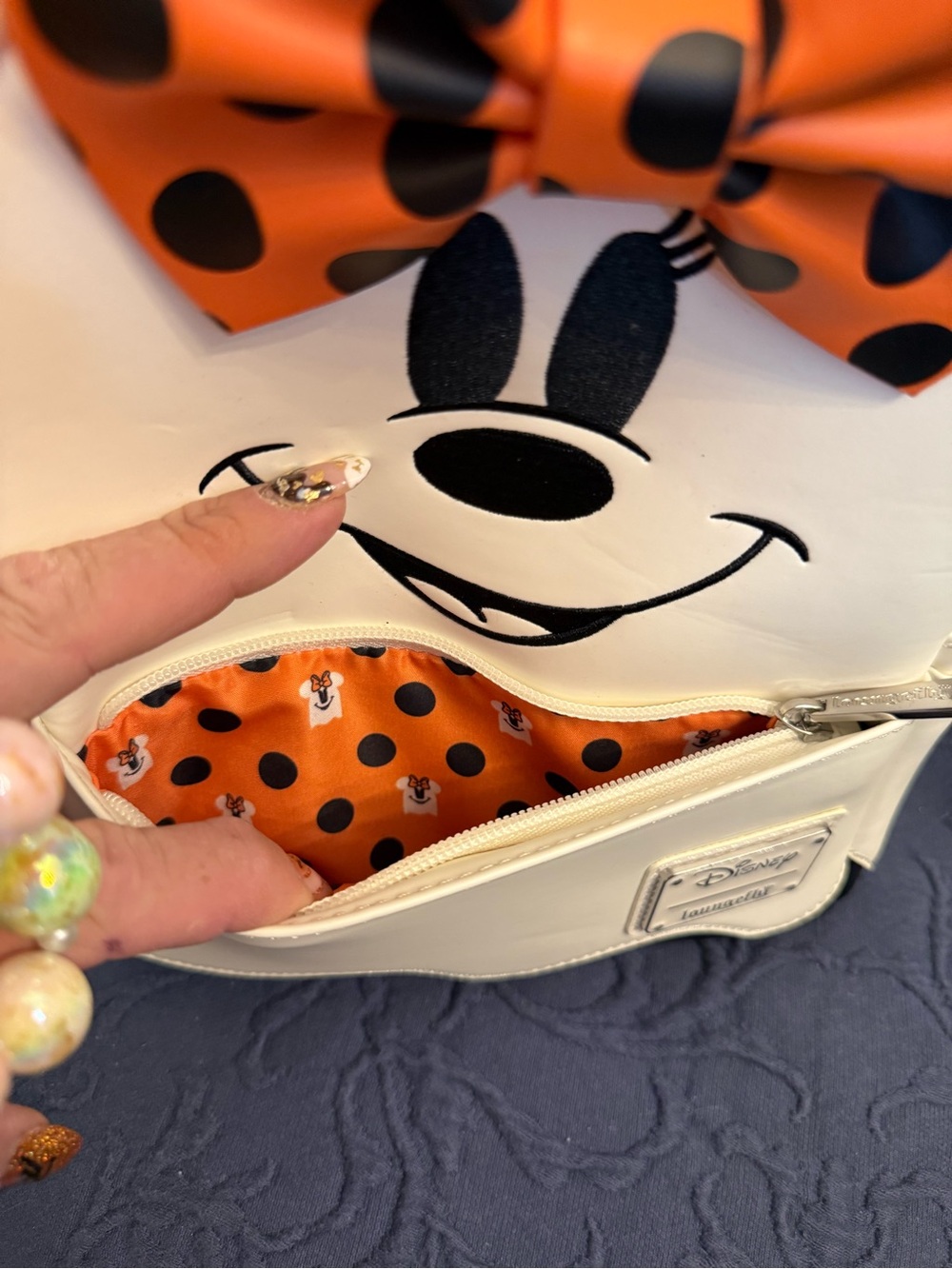 LOUNGEFLY Disney Kids White Minnie Mouse Backpack with Orange Polka Dot Bow - Picture 9 of 10